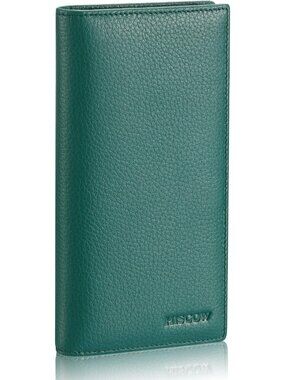 Men's Full Grain Leather Long Wallet - 15 Card Slots, Pebbled Green Design